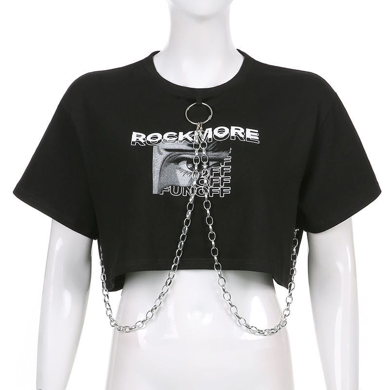 Hip-hop Black Tops with Chain Women Harajuke Loose Print T-shirt Female Streetwear O-neck Short Sleeved Cropped Top Dance 2025