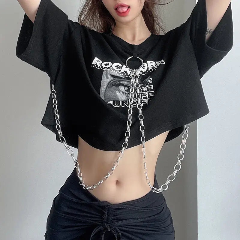 Hip-hop Black Tops with Chain Women Harajuke Loose Print T-shirt Female Streetwear O-neck Short Sleeved Cropped Top Dance 2025
