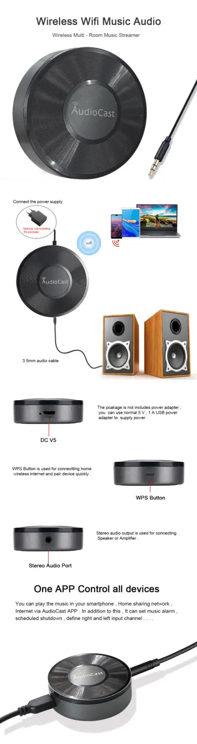 M5 AudioCast for Airplay Wireless Music Audio Speaker Receiver 2.4G WIFI Hifi Music for DLNA Airplay Adapter Spotify Streamer