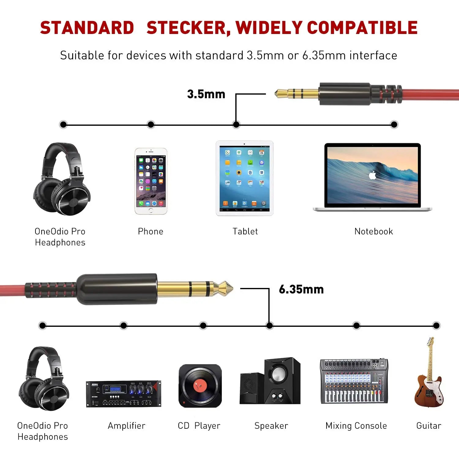 Oneodio Audio Cables 6.3mm to 3.5mm Aux Audio Cable for Studio DJ Headphone Headset for Guitar Music Player Mixer Phone Speaker