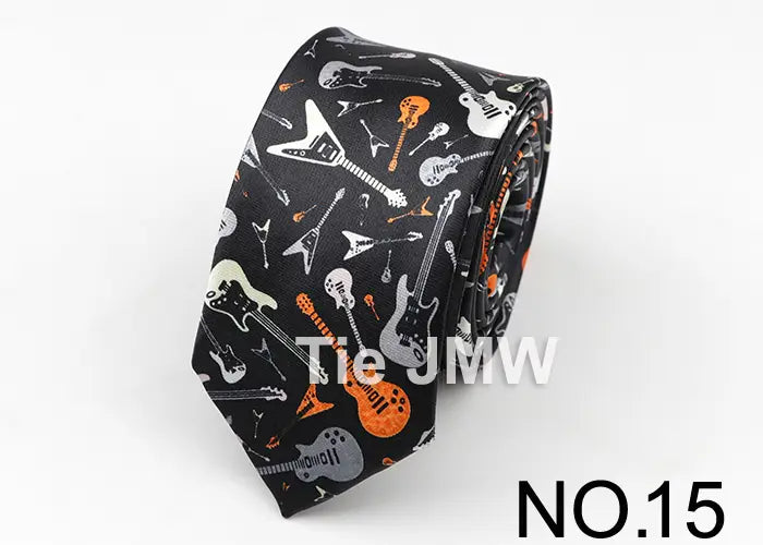 Classic Fashion Men’s Skinny Tie Colorful Musical Notes Printed Piano Guitar Polyester 5cm Width Necktie Party Gift Accessory