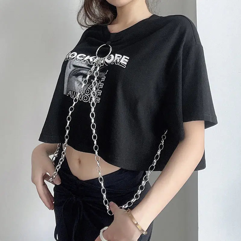 Hip-hop Black Tops with Chain Women Harajuke Loose Print T-shirt Female Streetwear O-neck Short Sleeved Cropped Top Dance 2025