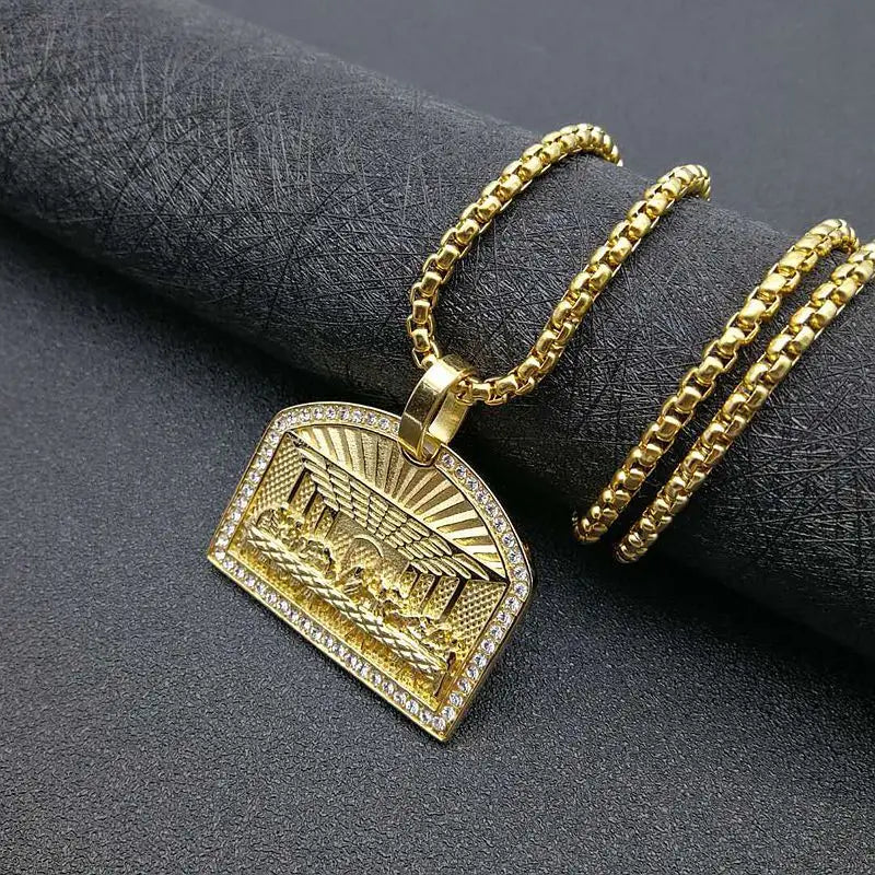 Hip Hop Bling Iced Out Rhinestones Stainless Steel The Last Supper Geometric Square Pendant Necklace for Men Rapper Jewelry