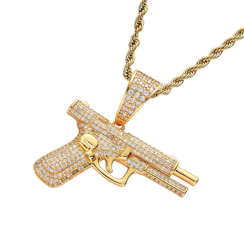 Hip Hop Rock Rhinestone Inlaid Gun Pendant Necklace Rapper Necklace Rope Chain Jewelry