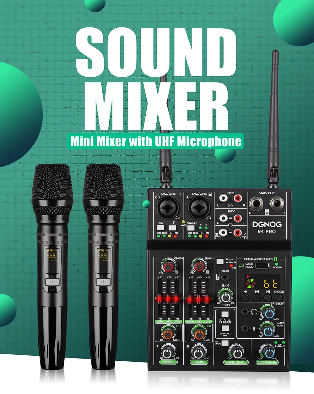 4 Channel Audio Mixer with Wireless Microphone USB Sound Table Bluetooth Console DJ Mixing for Party Karaoke Machine Soundbar