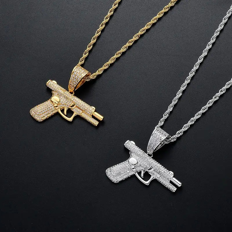 Hip Hop Rock Rhinestone Inlaid Gun Pendant Necklace Rapper Necklace Rope Chain Jewelry