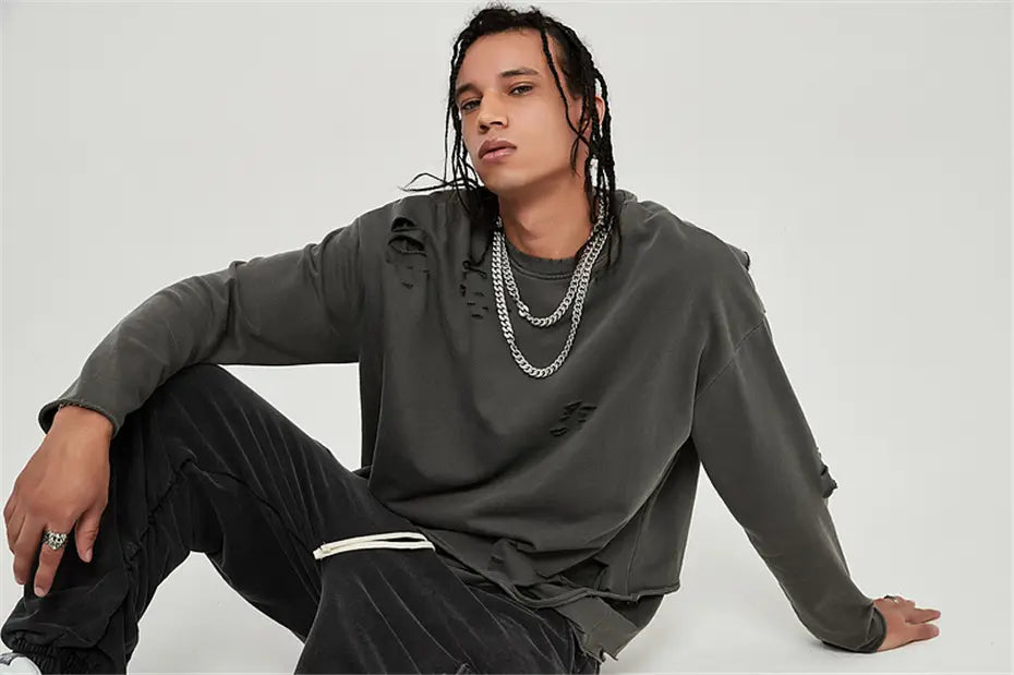 Hip Hop Streetwear Vintage Sweatshirt 2026 Autumn Creative Distressed Destroyed Ripped Holes Pullover Cotton Tops Loose