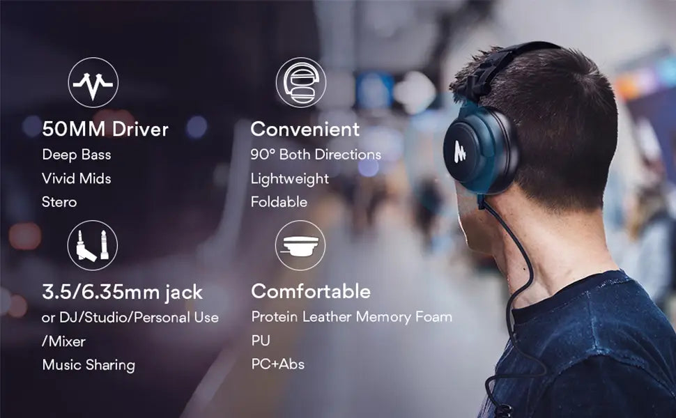 maono MH601 Professional Studio Monitor Headphones with Detachable Plug & Cable and 50mm Driver for DJ,Studio,Sound Card