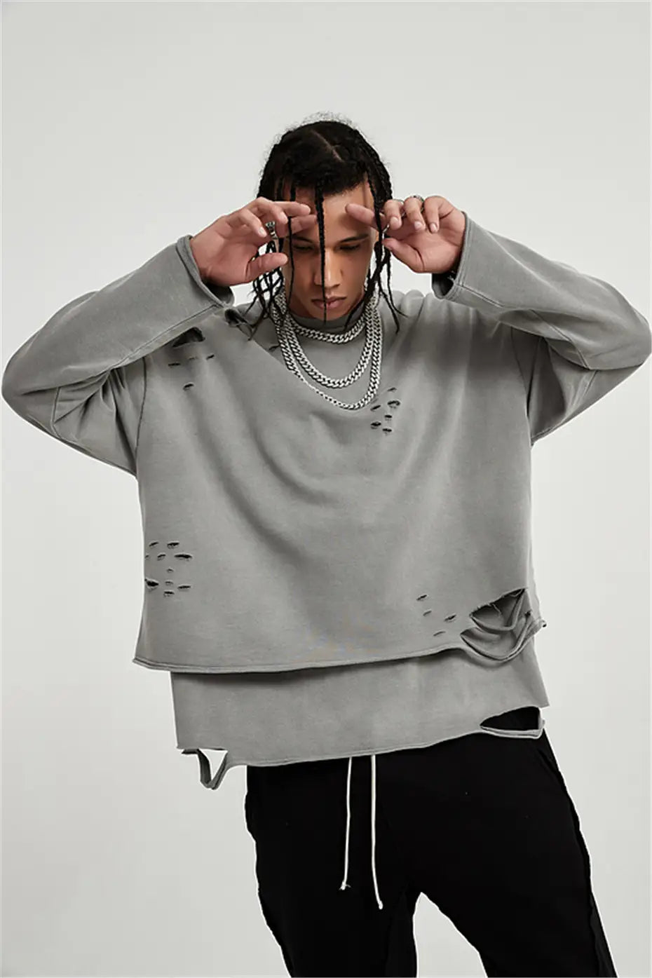 Hip Hop Streetwear Vintage Sweatshirt 2026 Autumn Creative Distressed Destroyed Ripped Holes Pullover Cotton Tops Loose