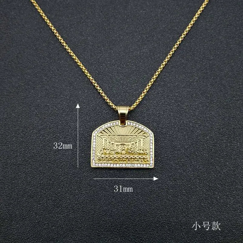 Hip Hop Bling Iced Out Rhinestones Stainless Steel The Last Supper Geometric Square Pendant Necklace for Men Rapper Jewelry