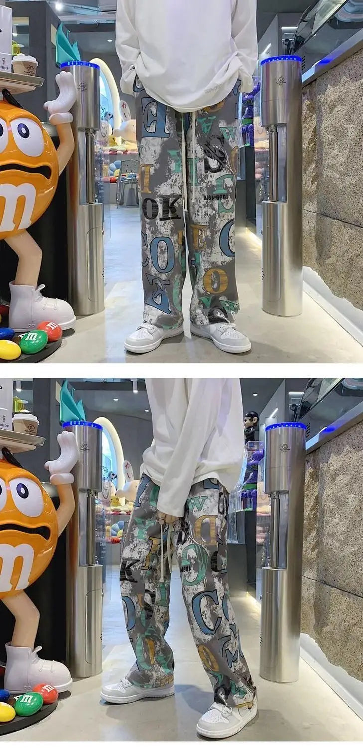 High Street Graffiti Tie-dye Pants Men Casual Loose Oversized Hip-hop Trousers Man American Straight Wide-leg Pants