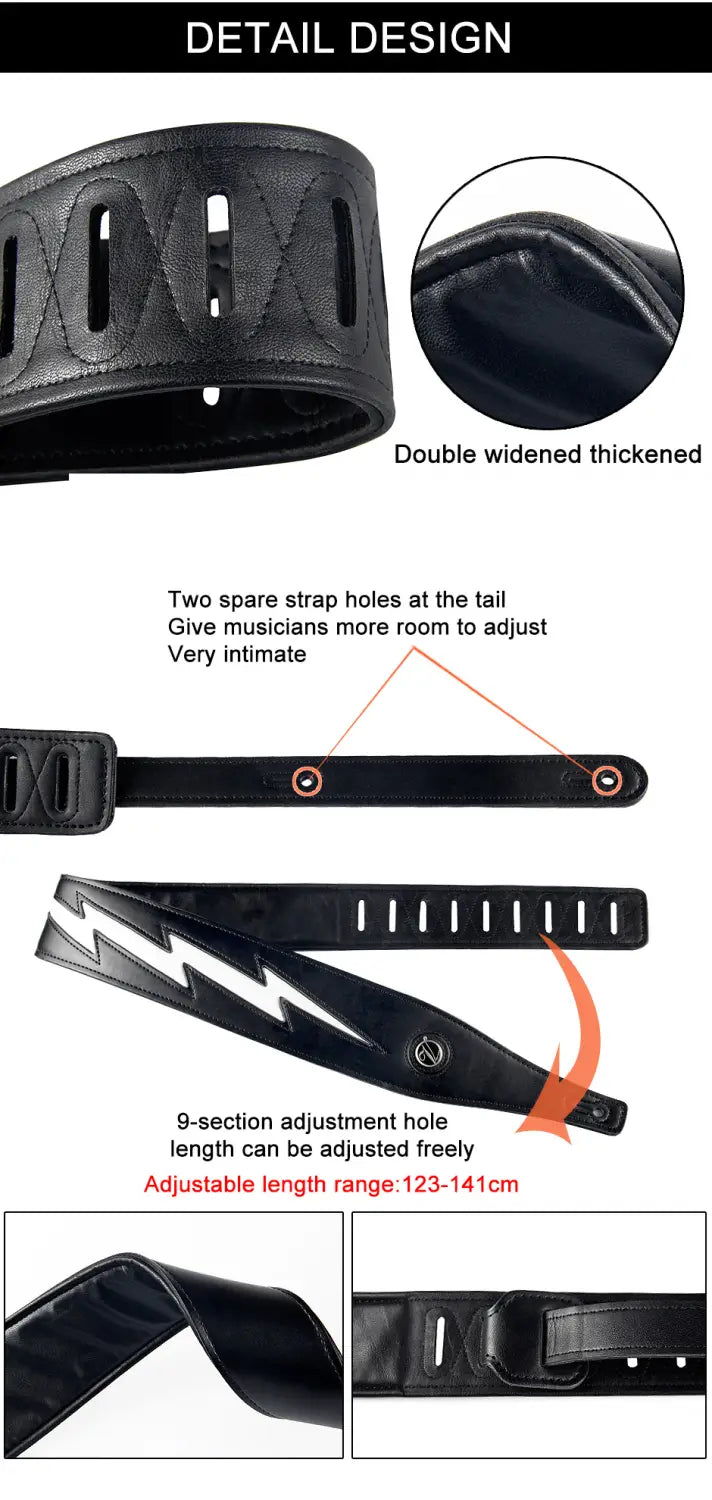 Red Black White PU Leather Guitar Strap Cool Lightning Comfortable Strap for Acoustic Electric Bass Adjustable Length