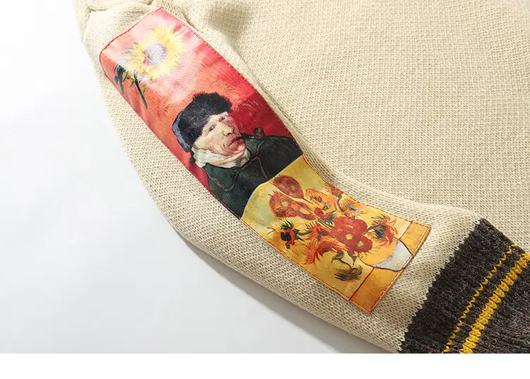 2025 Men Hip Hop Sweater Pullover Streetwear Van Gogh Painting Embroidery Knitted Sweater Retro Vintage Autumn Sweaters Cotton