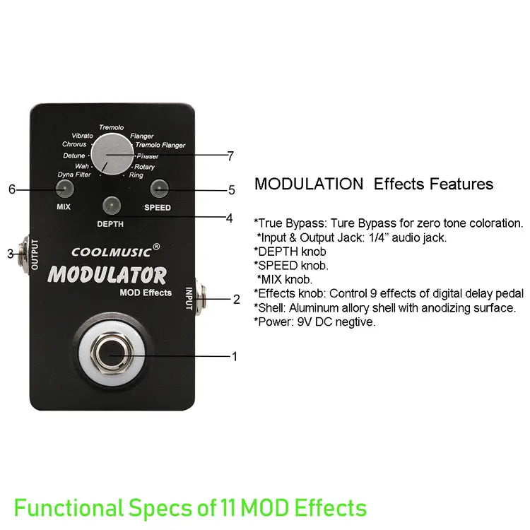 COOLMUSIC Electric Guitar Multieffect Compressor Pedal Digital Modulator Multi Effects Wah Reverb Chorus Flanger Phaser Vibrato