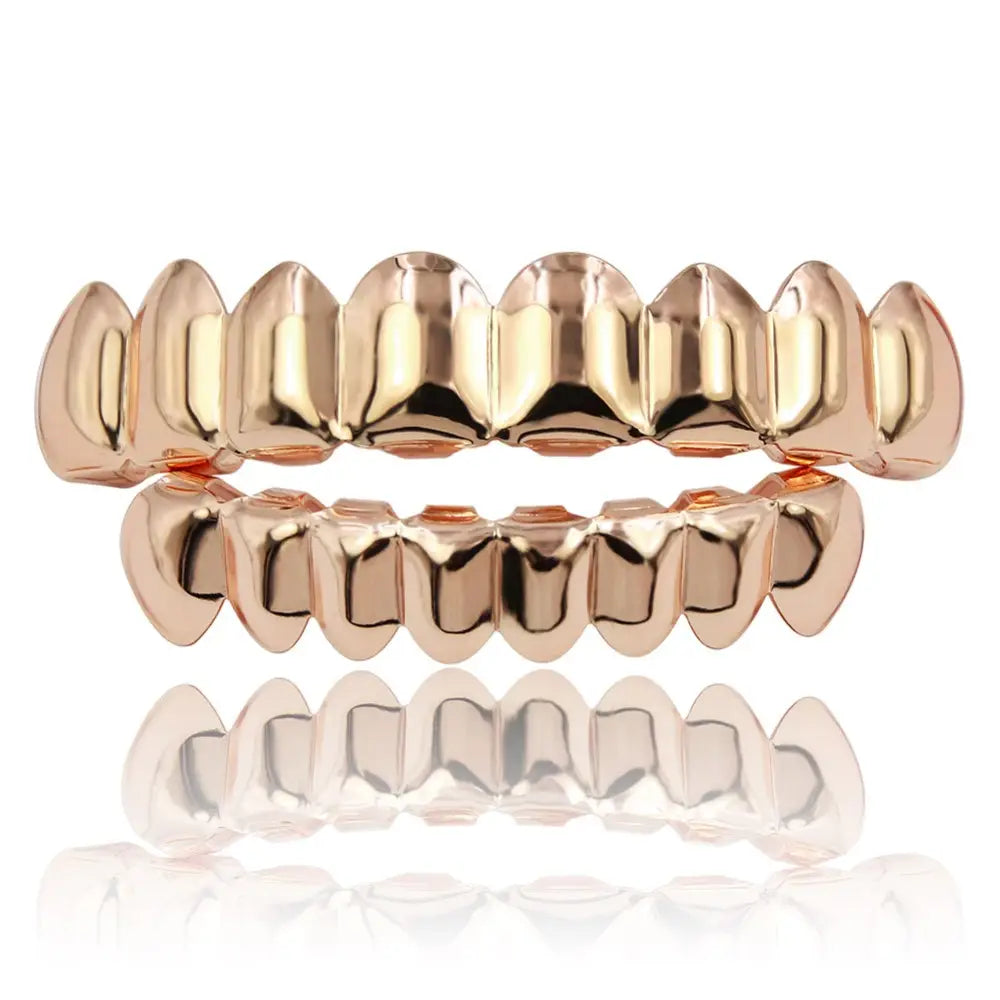 TOPGRILLZ 8/8 Hip Hop Teeth Grillz Set Gold Silver Color Top & Bottom Body Jewelry Punk Cosplay Party Tooth Grills Gifts