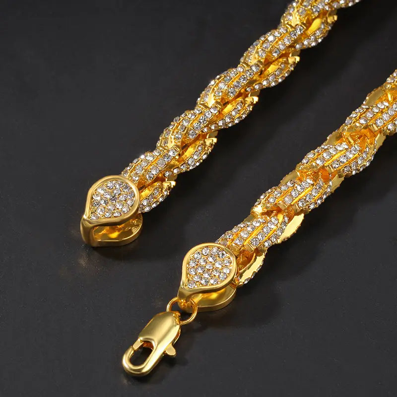 Hip Hop Full Austrian Rhinestone Paved Bling Iced Out Round Rope Link Chain Necklace for Men Rapper Jewelry Rose Gold Color