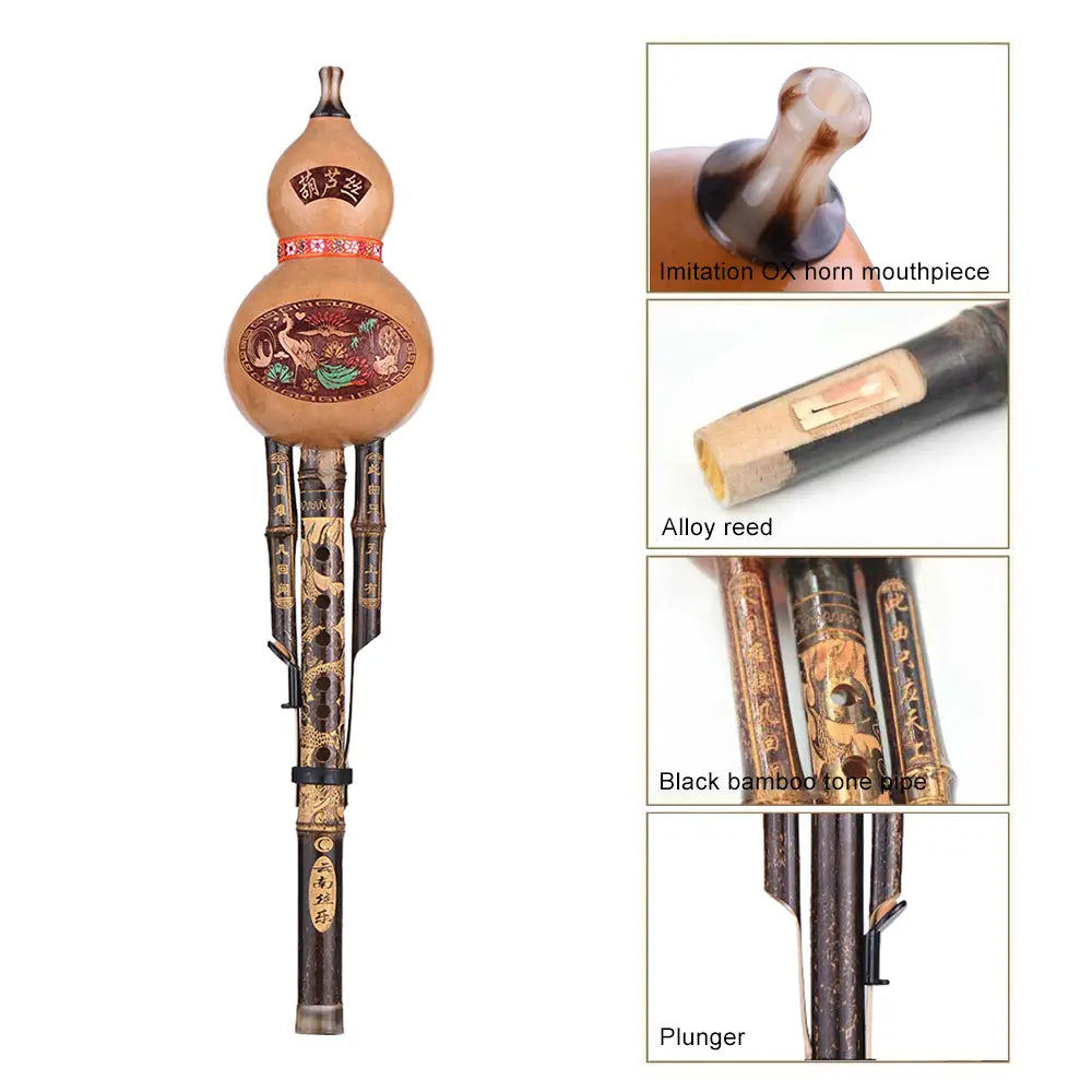 Chinese Handmade Black Bamboo Hulusi Gourd Cucurbit Flute Ethnic Musical Instrument Key of C with Case for Beginner Music Lovers