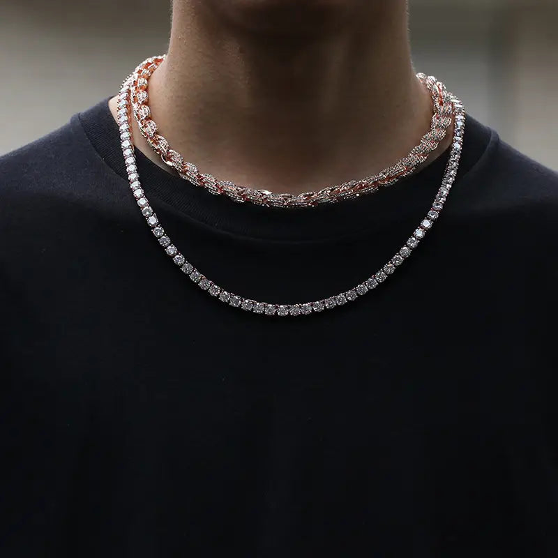 Hip Hop Full Austrian Rhinestone Paved Bling Iced Out Round Rope Link Chain Necklace for Men Rapper Jewelry Rose Gold Color