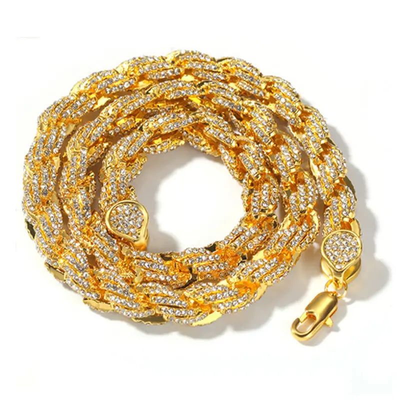 Hip Hop Full Austrian Rhinestone Paved Bling Iced Out Round Rope Link Chain Necklace for Men Rapper Jewelry Rose Gold Color