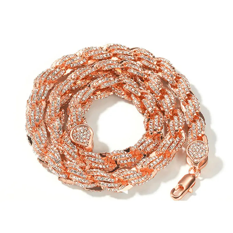 Hip Hop Full Austrian Rhinestone Paved Bling Iced Out Round Rope Link Chain Necklace for Men Rapper Jewelry Rose Gold Color