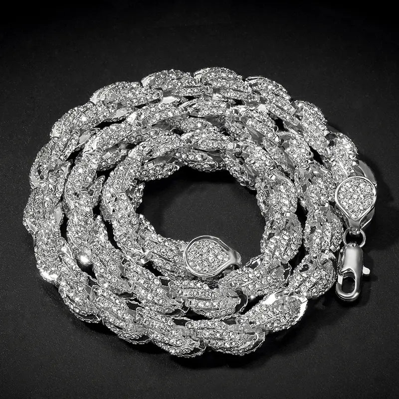 Hip Hop Full Austrian Rhinestone Paved Bling Iced Out Round Rope Link Chain Necklace for Men Rapper Jewelry Rose Gold Color