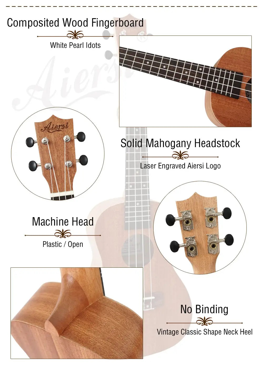Wholesale Cheap Price OEM Custom Made Aiersi Brand 21 Inch soprano Ukulele Mahogany Hawaii Guitar Ukelele String Instrument