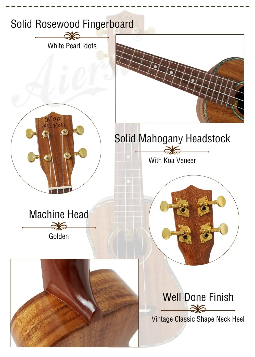 Aiersi Brand Koa Pili Koko All Solid Koa Body Concert Ukulele Professional Handmade Ukelele Hawaii Style Guitar Custom Logo