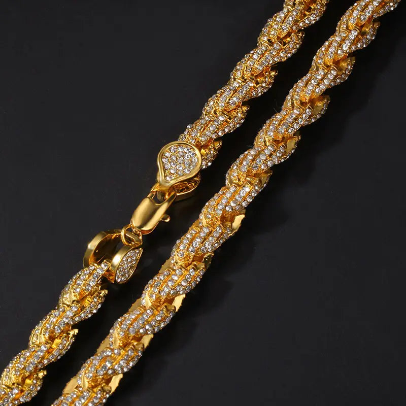 Hip Hop Full Austrian Rhinestone Paved Bling Iced Out Round Rope Link Chain Necklace for Men Rapper Jewelry Rose Gold Color