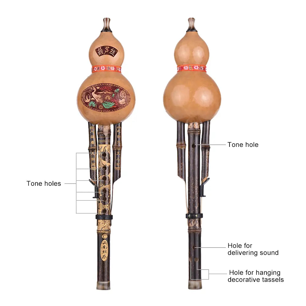 Chinese Handmade Black Bamboo Hulusi Gourd Cucurbit Flute Ethnic Musical Instrument Key of C with Case for Beginner Music Lovers