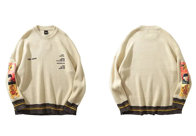 2025 Men Hip Hop Sweater Pullover Streetwear Van Gogh Painting Embroidery Knitted Sweater Retro Vintage Autumn Sweaters Cotton