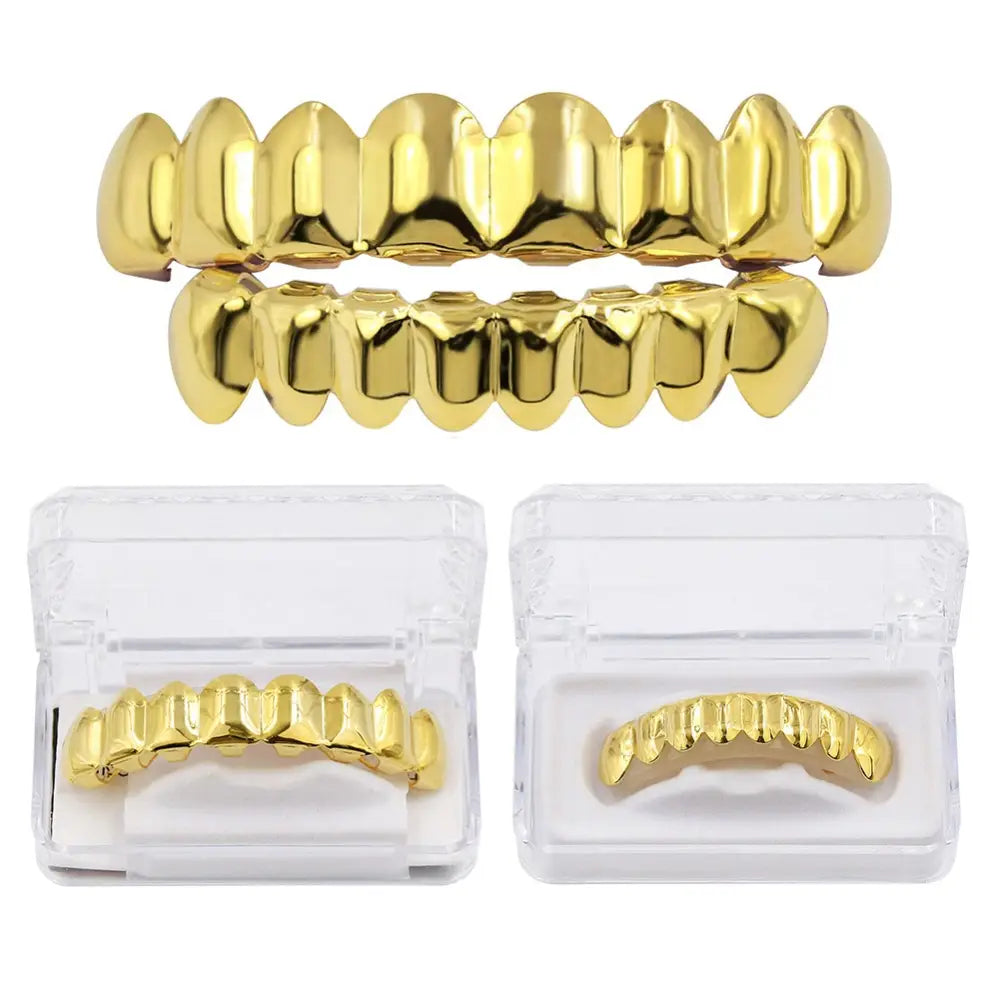 TOPGRILLZ 8/8 Hip Hop Teeth Grillz Set Gold Silver Color Top & Bottom Body Jewelry Punk Cosplay Party Tooth Grills Gifts