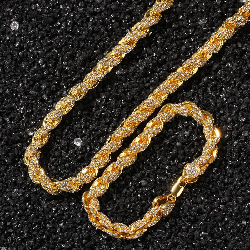 Hip Hop Full Austrian Rhinestone Paved Bling Iced Out Round Rope Link Chain Necklace for Men Rapper Jewelry Rose Gold Color