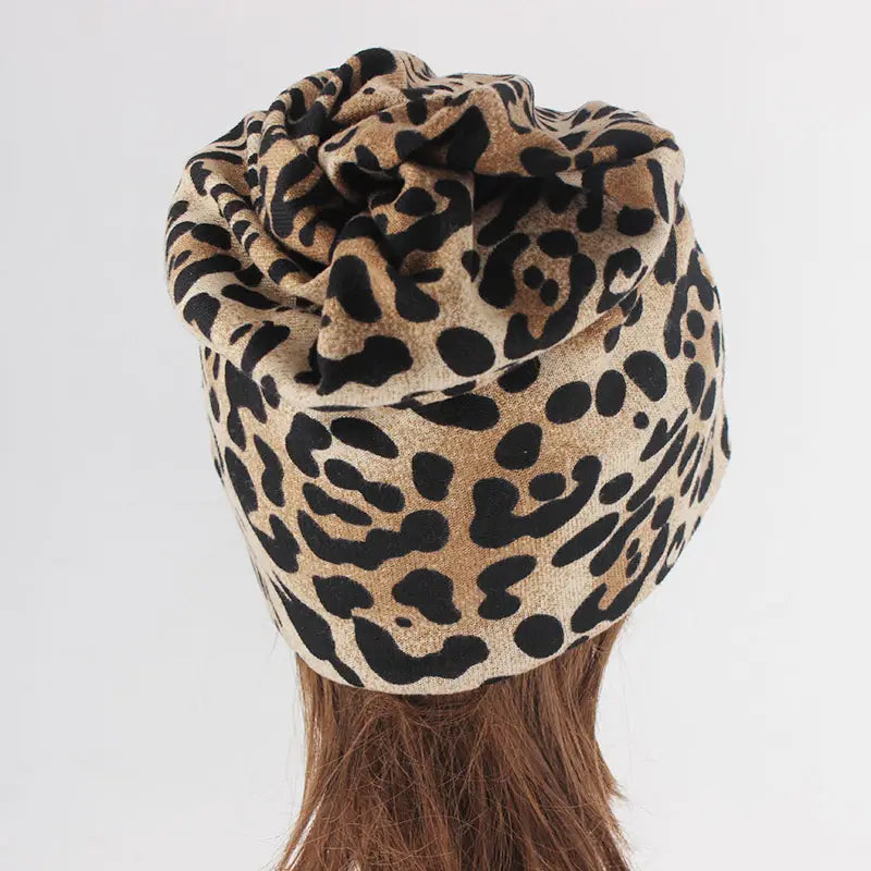 Hip Hop Women Fashion Leopard Print Warm Hat Caps For Girl Dot Spring Autumn Cotton Beanies Skullies Double Used Hats Scarf