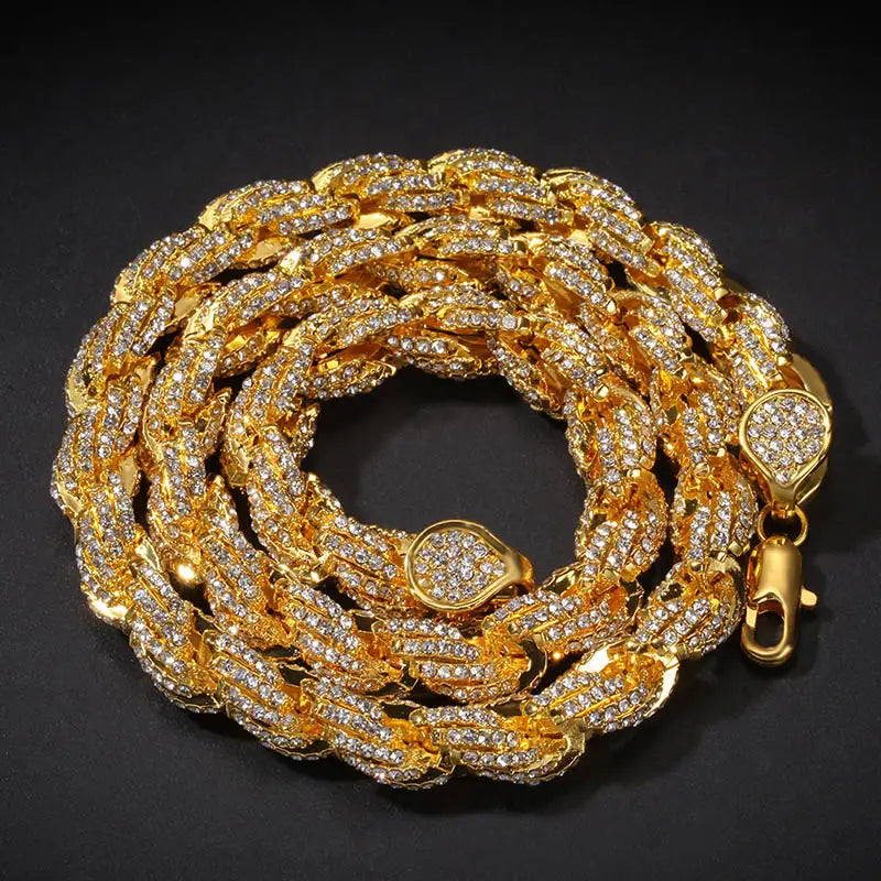 Hip Hop Full Austrian Rhinestone Paved Bling Iced Out Round Rope Link Chain Necklace for Men Rapper Jewelry Rose Gold Color