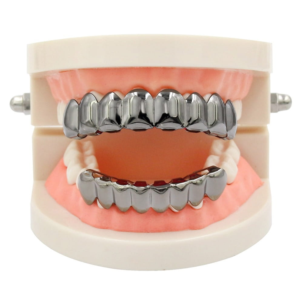 TOPGRILLZ 8/8 Hip Hop Teeth Grillz Set Gold Silver Color Top & Bottom Body Jewelry Punk Cosplay Party Tooth Grills Gifts