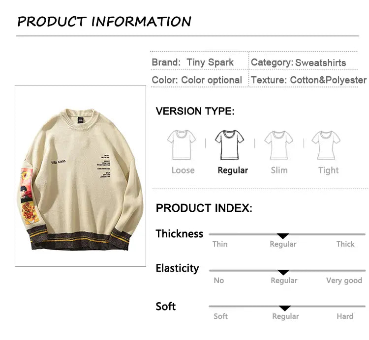 2025 Men Hip Hop Sweater Pullover Streetwear Van Gogh Painting Embroidery Knitted Sweater Retro Vintage Autumn Sweaters Cotton