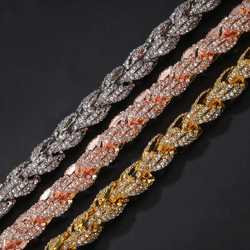 Hip Hop Full Austrian Rhinestone Paved Bling Iced Out Round Rope Link Chain Necklace for Men Rapper Jewelry Rose Gold Color