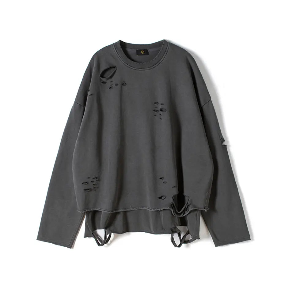 Hip Hop Streetwear Vintage Sweatshirt 2026 Autumn Creative Distressed Destroyed Ripped Holes Pullover Cotton Tops Loose