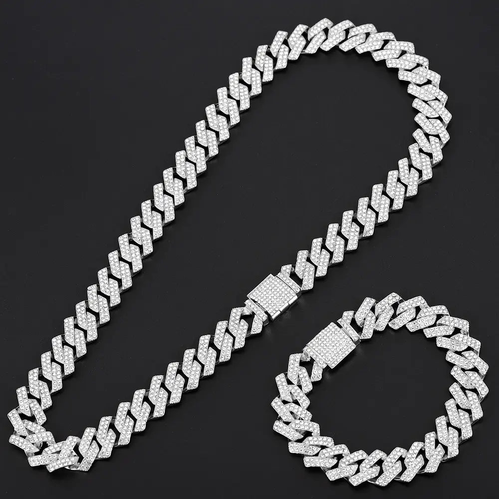 Exquisite Necklace + Watch + Bracelet Hip Hop Rapper Cuban Chain Gold Color Iced Out Paved Rhinestone Men African Jewelry Set New