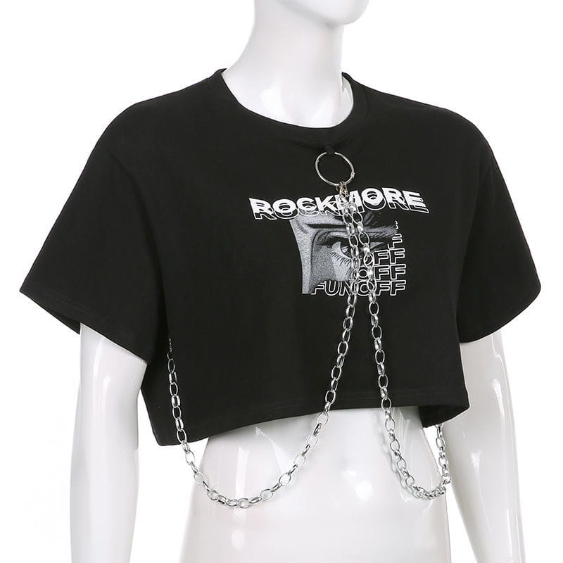 Hip-hop Black Tops with Chain Women Harajuke Loose Print T-shirt Female Streetwear O-neck Short Sleeved Cropped Top Dance 2025