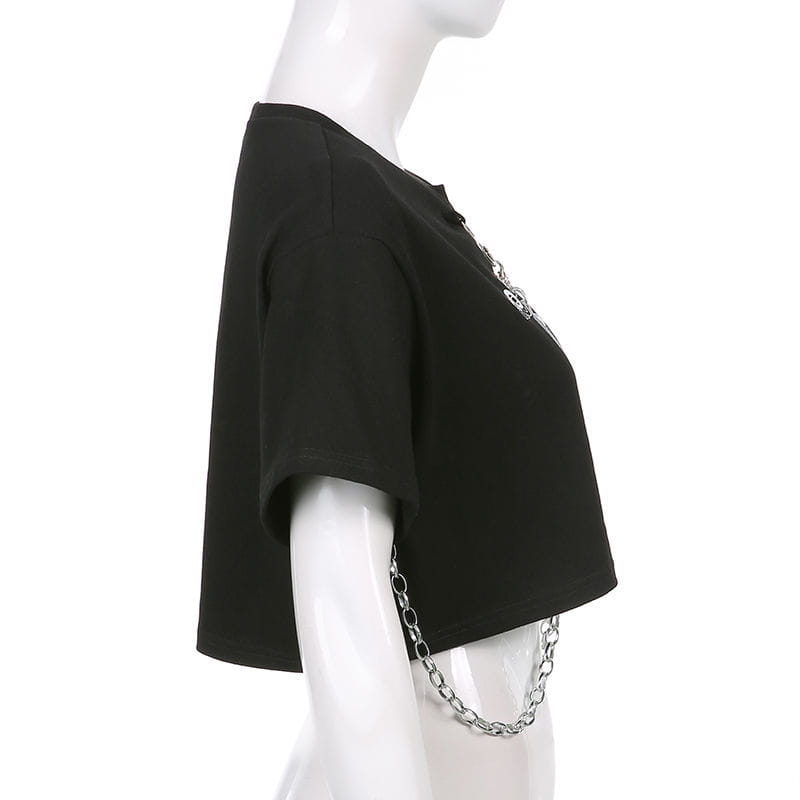 Hip-hop Black Tops with Chain Women Harajuke Loose Print T-shirt Female Streetwear O-neck Short Sleeved Cropped Top Dance 2025