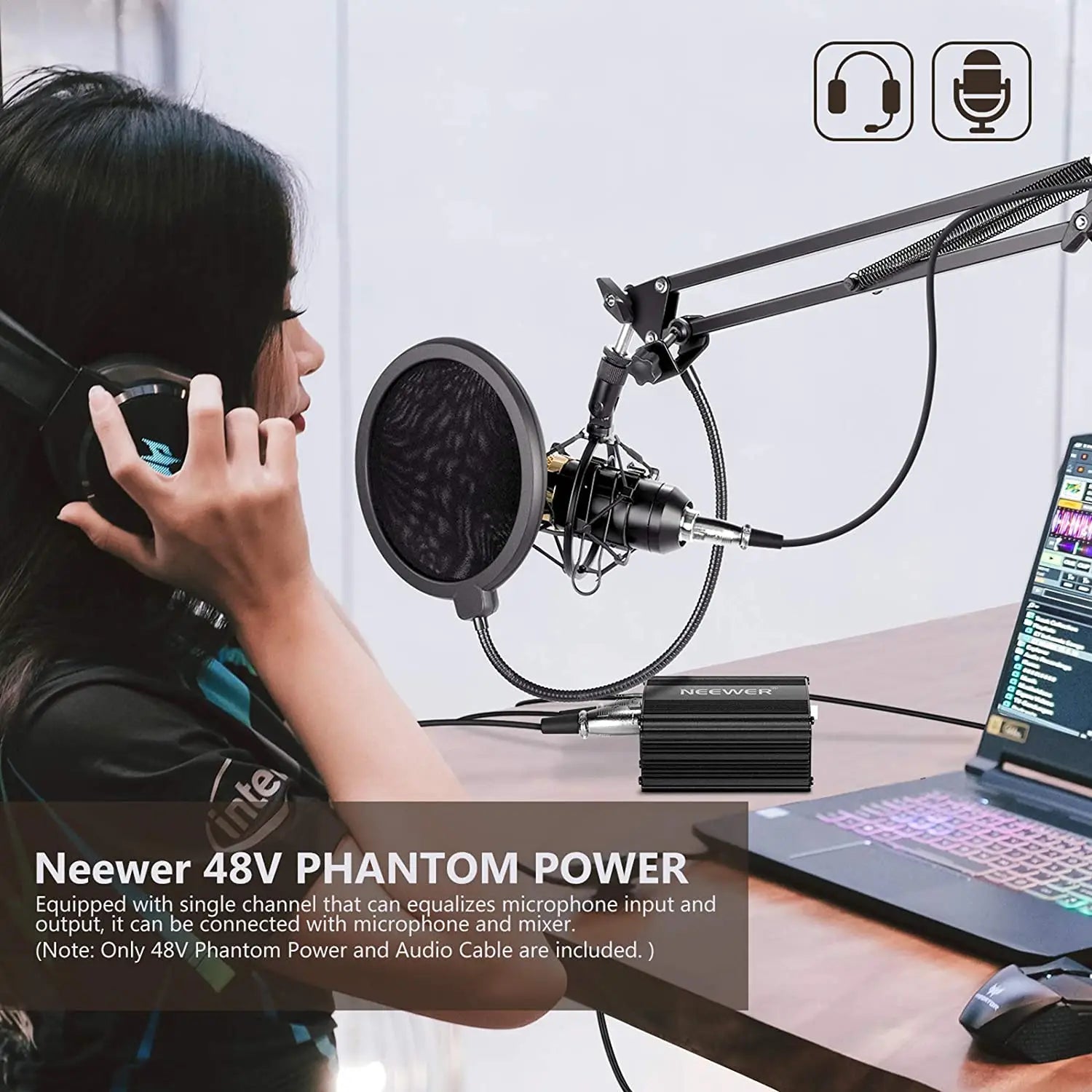 48V Phantom Power Supply with Adapter Bonus + XLR 3 Pin Microphone Cable for Any Condenser Microphone Music Recording Equipment