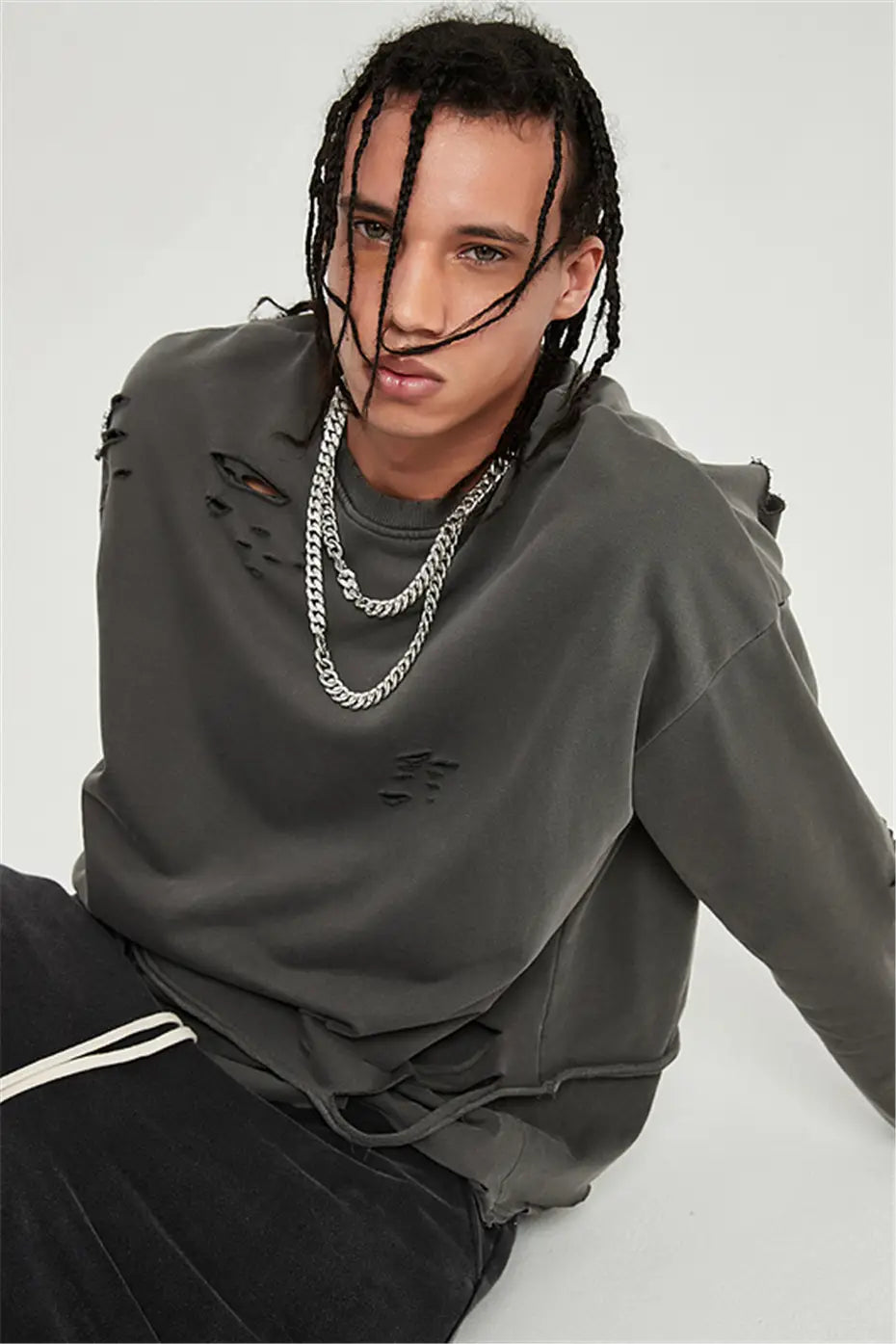 Hip Hop Streetwear Vintage Sweatshirt 2026 Autumn Creative Distressed Destroyed Ripped Holes Pullover Cotton Tops Loose