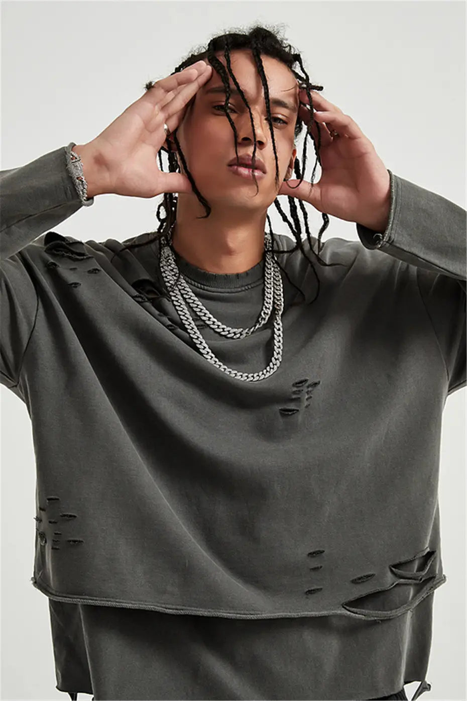 Hip Hop Streetwear Vintage Sweatshirt 2026 Autumn Creative Distressed Destroyed Ripped Holes Pullover Cotton Tops Loose