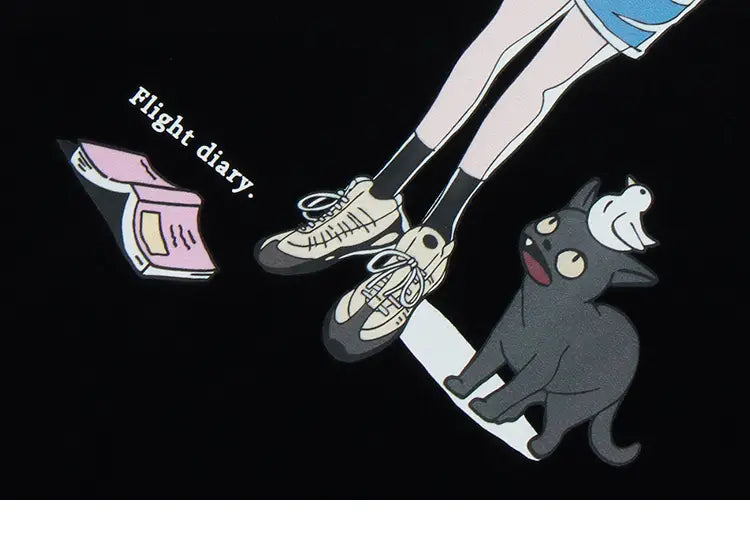 Hip Hop Cartoon Girl Cat Japanese Kanji Print T Shirt Streetwear Harajuku T-Shirt 2025 Men Summer Short Sleeve Tshirt Tops Tees