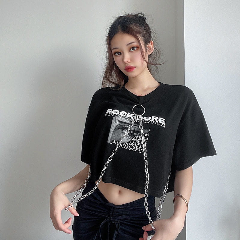 Hip-hop Black Tops with Chain Women Harajuke Loose Print T-shirt Female Streetwear O-neck Short Sleeved Cropped Top Dance 2025