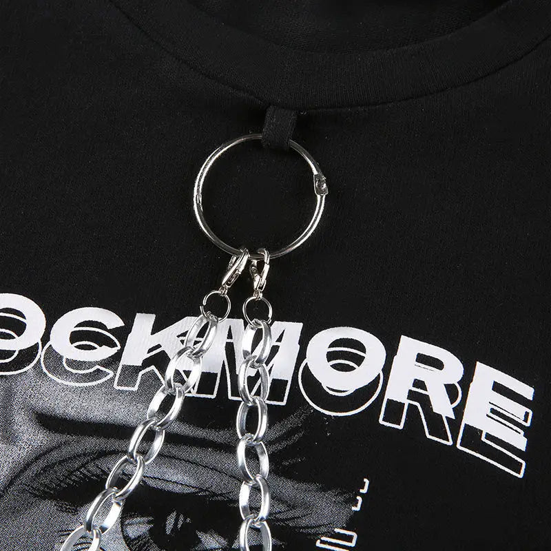 Hip-hop Black Tops with Chain Women Harajuke Loose Print T-shirt Female Streetwear O-neck Short Sleeved Cropped Top Dance 2025