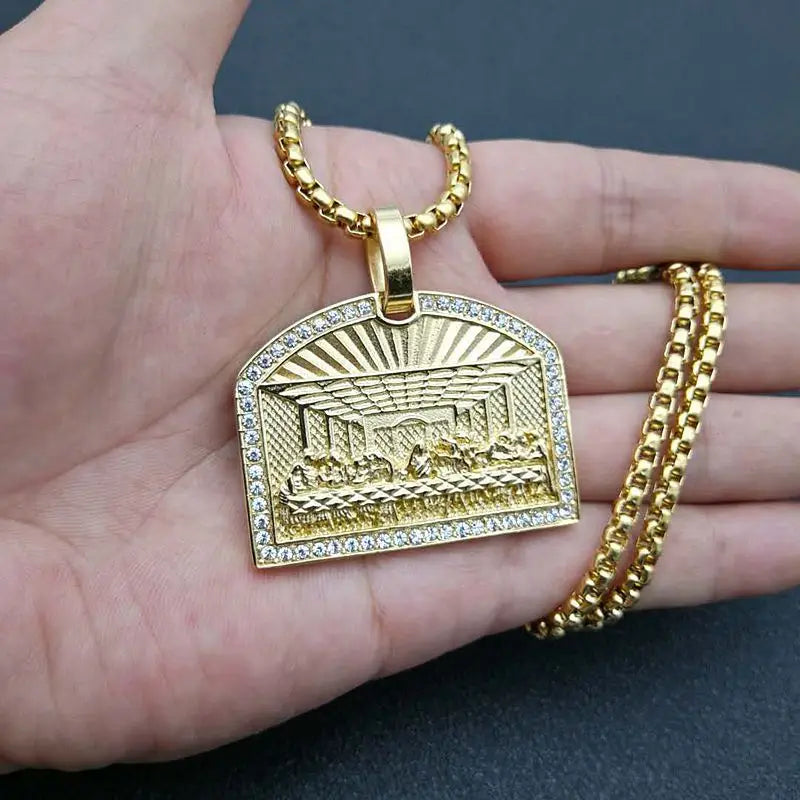Hip Hop Bling Iced Out Rhinestones Stainless Steel The Last Supper Geometric Square Pendant Necklace for Men Rapper Jewelry