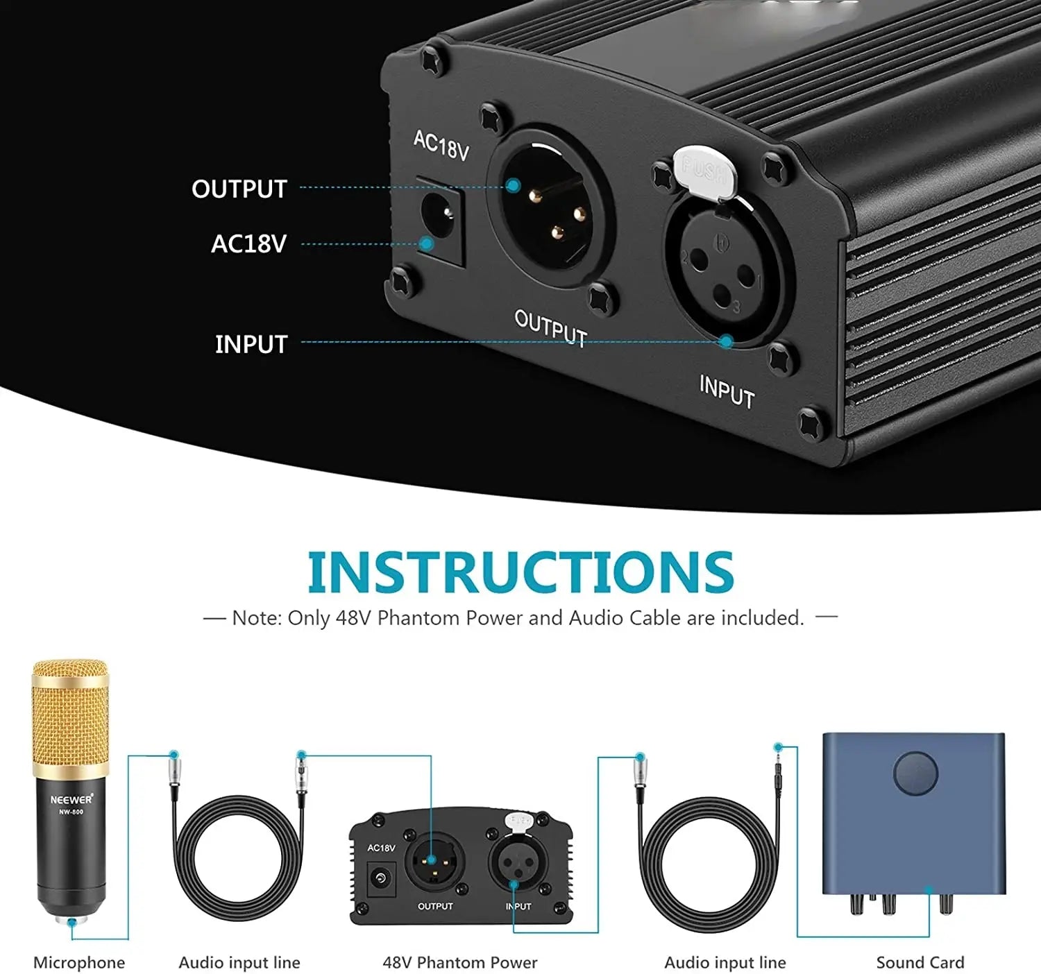 48V Phantom Power Supply with Adapter Bonus + XLR 3 Pin Microphone Cable for Any Condenser Microphone Music Recording Equipment
