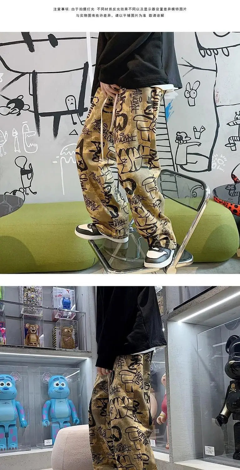 High Street Graffiti Tie-dye Pants Men Casual Loose Oversized Hip-hop Trousers Man American Straight Wide-leg Pants